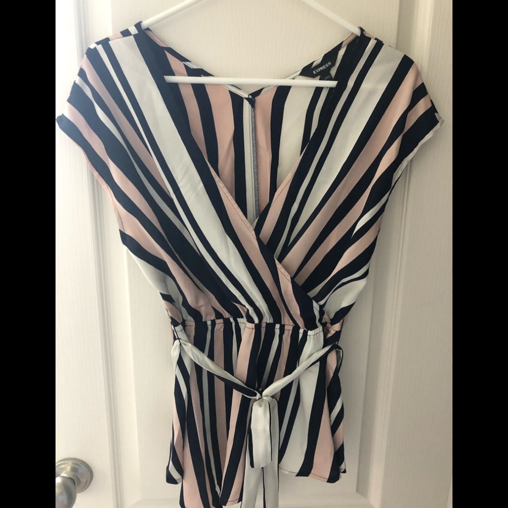 Express faux wrap striped top.